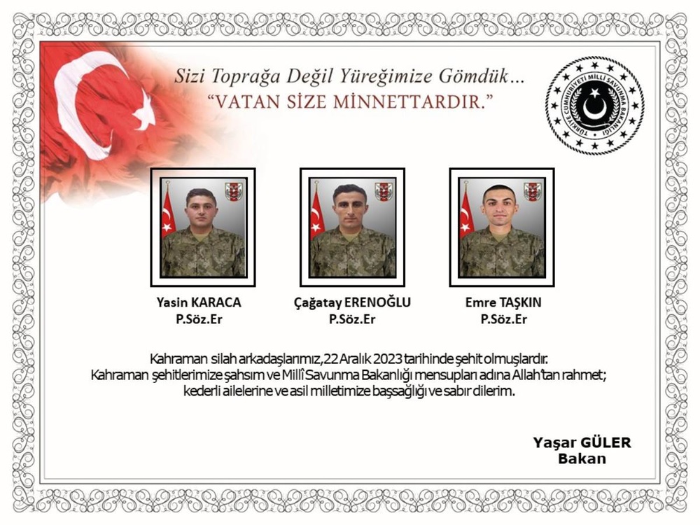 وزارت دفاع ترکیه کشته شدن 6 تن از نظامیان خود را در کردستان عراق تایید کرد