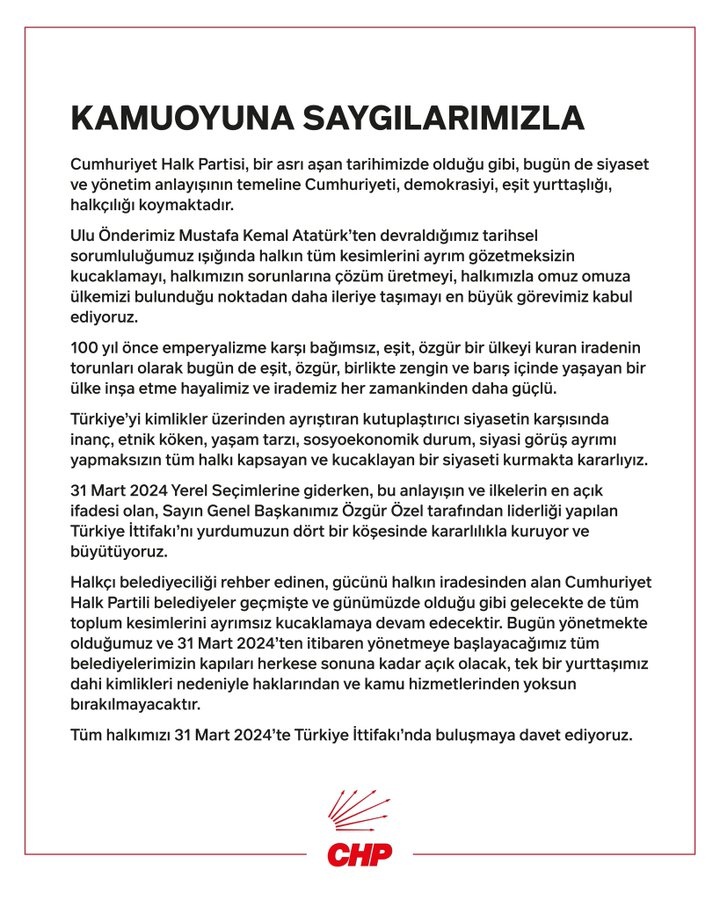 نامزد CHP: به جز دم پارتی در ما به روی همه احزاب باز است