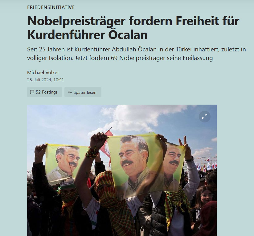 69 Nobel laureates urge Turkey to Rlresolve Kurdish issue and free Abdullah Ocalan