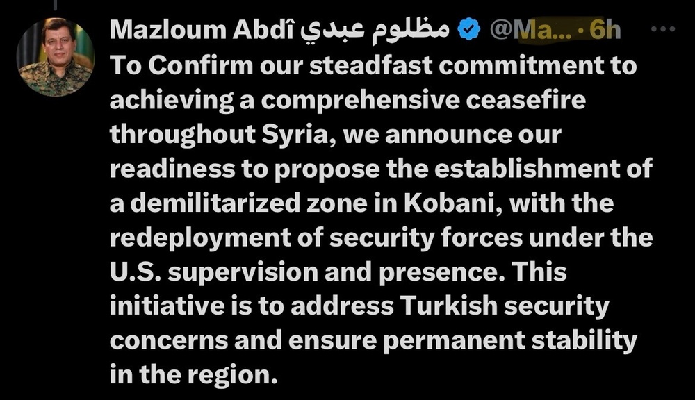 مەزڵووم کۆبانێ پێشنیاری دامەزراندنی ناوچەیەکی داماڵراو لە چەک بە چاودێریی ئەمریکا دەکات