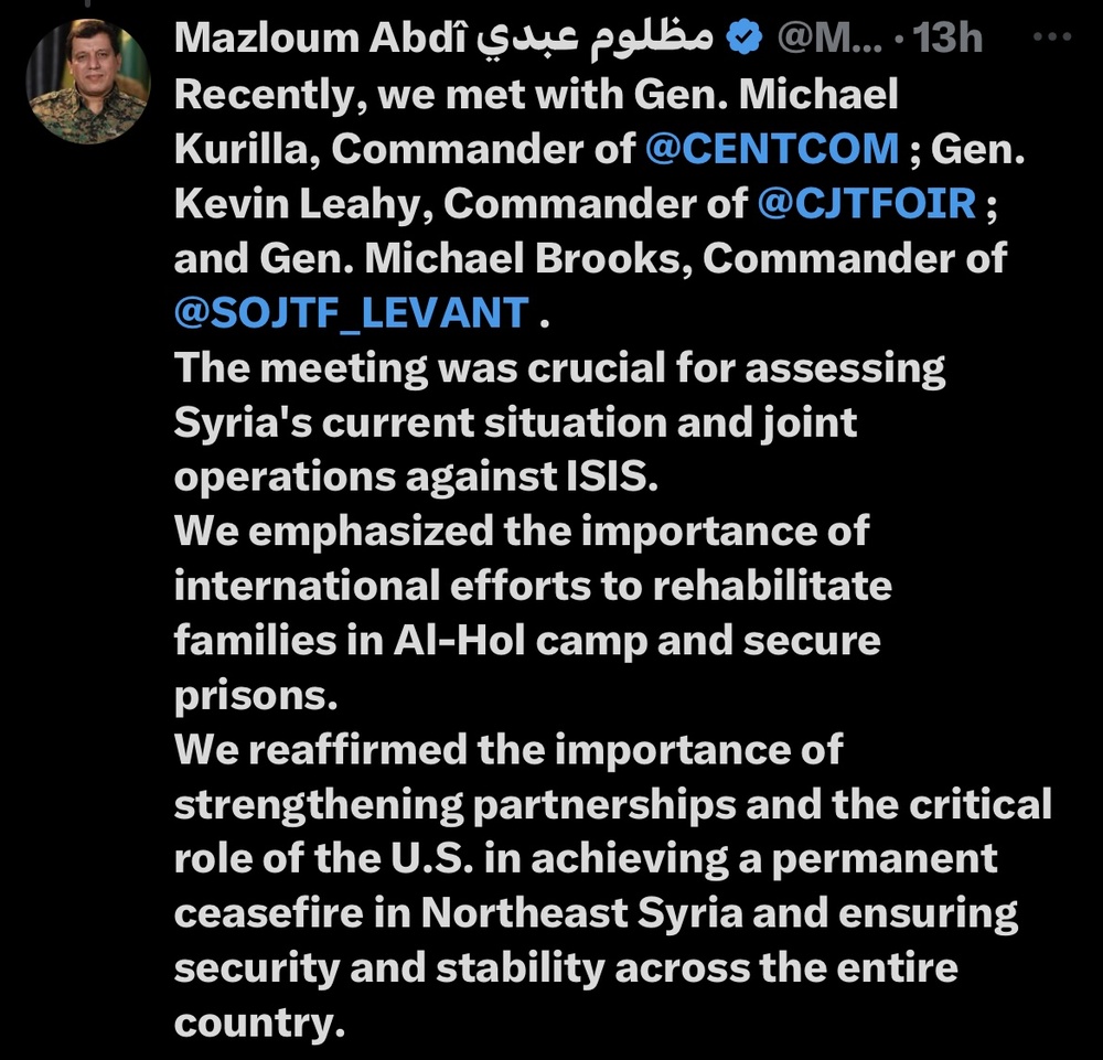 دیدار مظلوم کوبانی با فرمانده سنتکام در رابطه با وضعیت سوریه و تداوم همکاریها علیه داعش