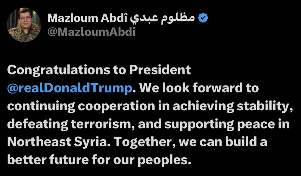 مظلوم کوبانی آغاز به کار ترامپ را تبریک گفت