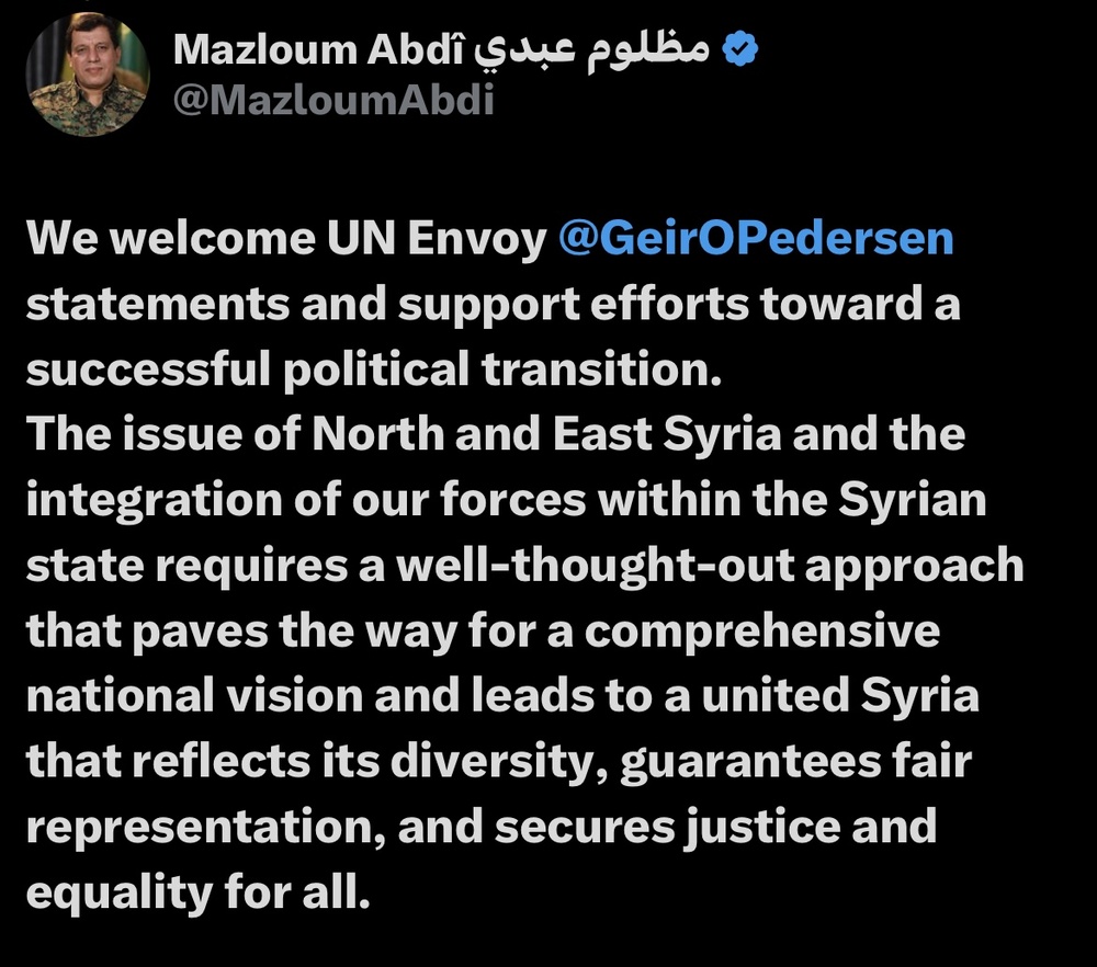 حمایت مظلوم کوبانی از بیانیه فرستاده سازمان ملل و تلاش برای ایجاد راهحل سیاسی در سوریه