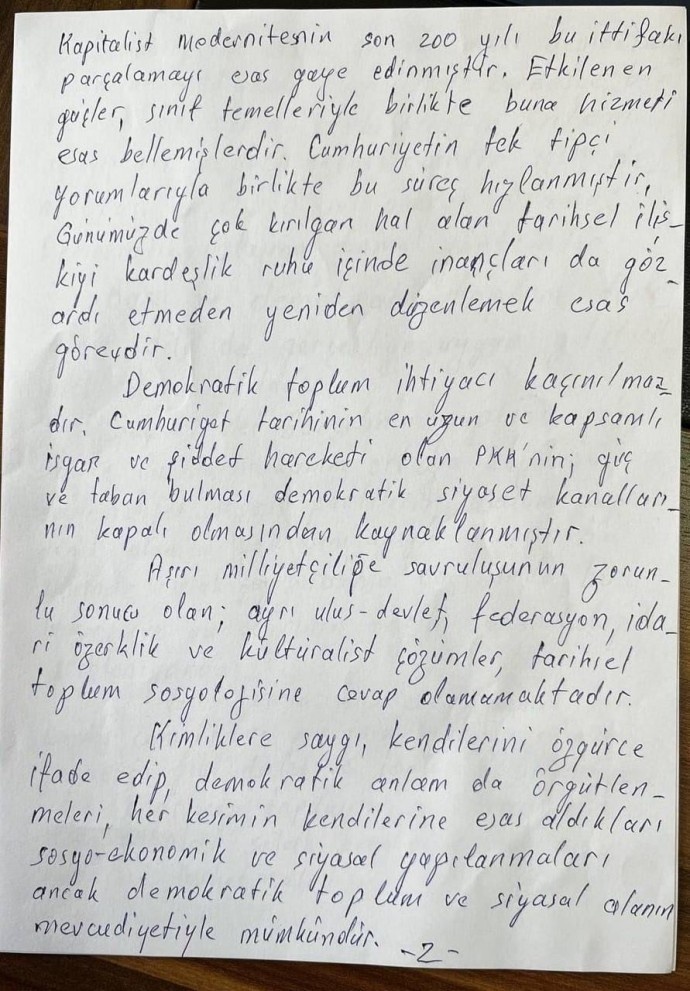 دستنوشته فراخوان تاریخی عبدالله اوجالان منتشر شد