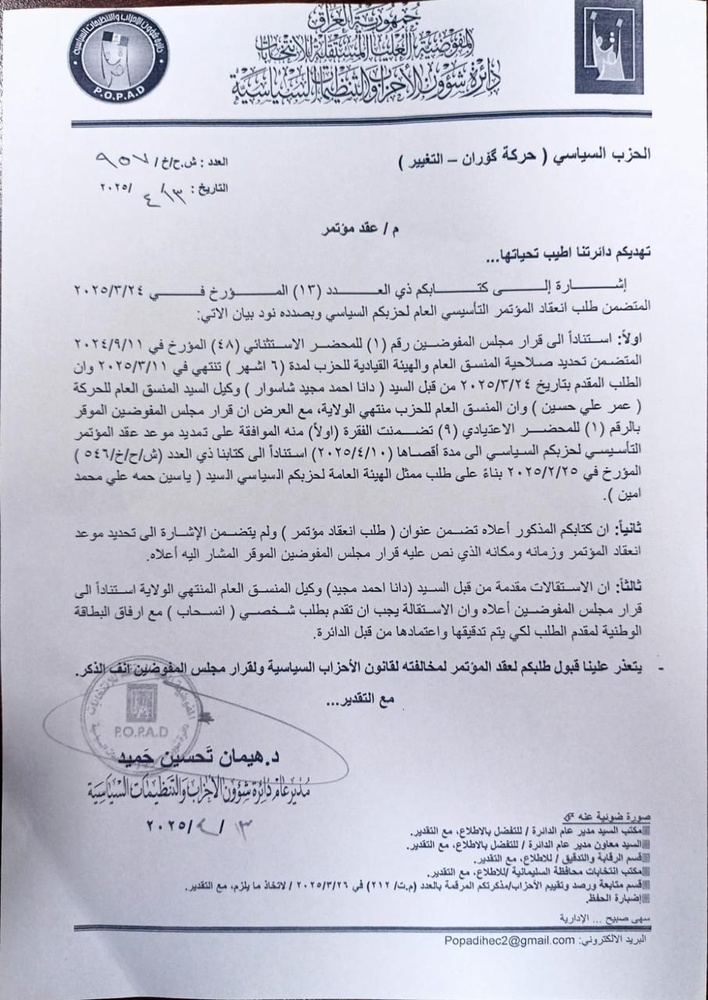 درخواست دانا احمد مجید برای تمدید اختیارات و برگزاری کنگره رد شد