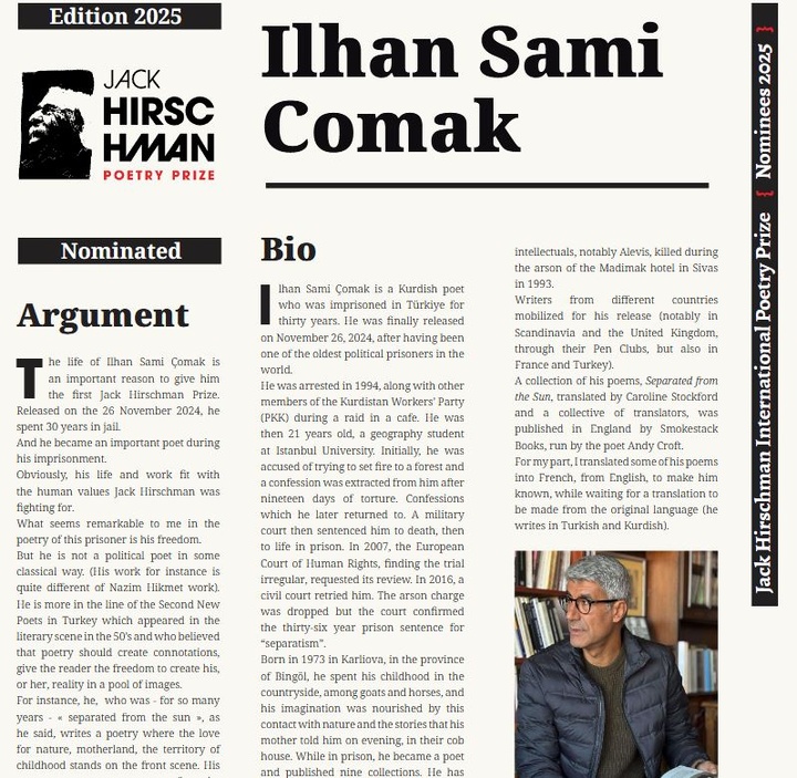 شاعر کُردی که سی سال در زندان ماند، برنده نخستین جایزه «جک هیرشمن» شد
