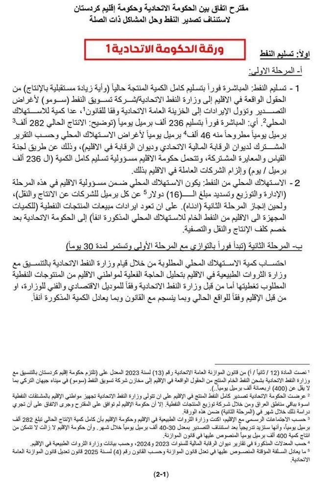 جزئیات پیشنویس تفاهمنامه جدید اربیل – بغداد درباره نفت، بودجه و حقوق کارمندان