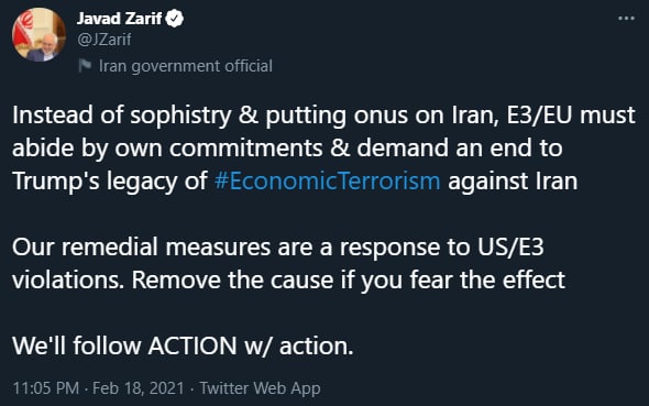 واکنش ظریف به درخواست تروییکای اروپایی: از اقدامات ایران هراسانید، علت را حذف کنید/ ما اقدام را با اقدام جواب می دهیم